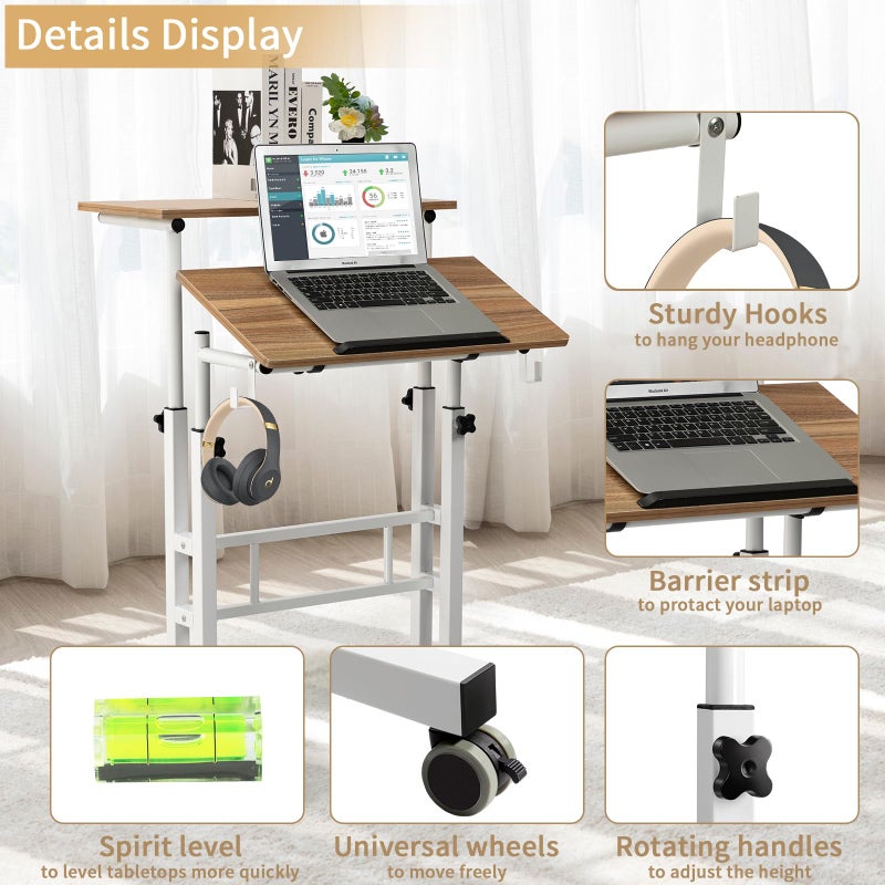 SIDUCAL Small Standing Desk, Portable Stand Up Desk, Height Adjustable Mobile Standing Table Converter with Wheels Computer Workstations, Rolling Laptop Cart for Stand or Sit, Vintage Oak - Image 4